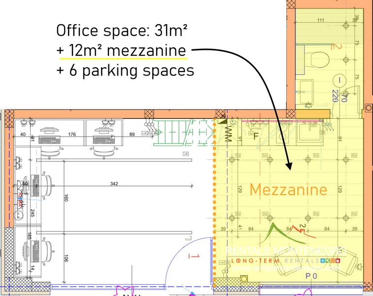 Floor plan, office space for rent in Donja Lastva, with Mezzanine, Tivat Montenegro